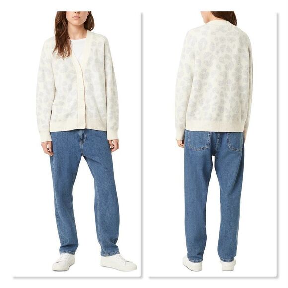 French Connection Leopard-Print Cardigan size Medium in Ivory/Gray - NEW - Picture 2 of 11